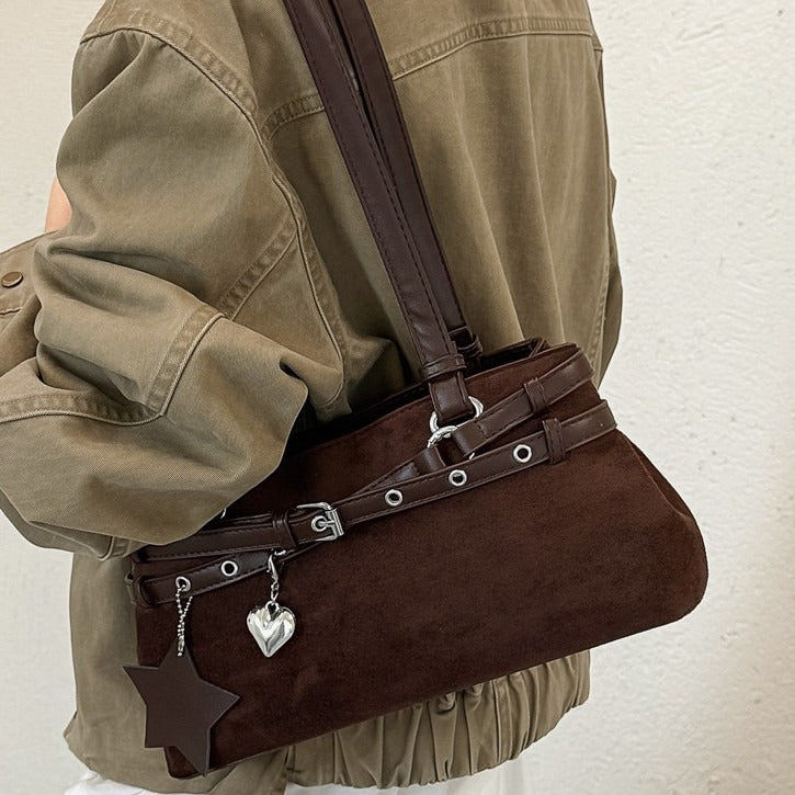 VILZSTUDIOS faux suede shoulder bag with heart charm