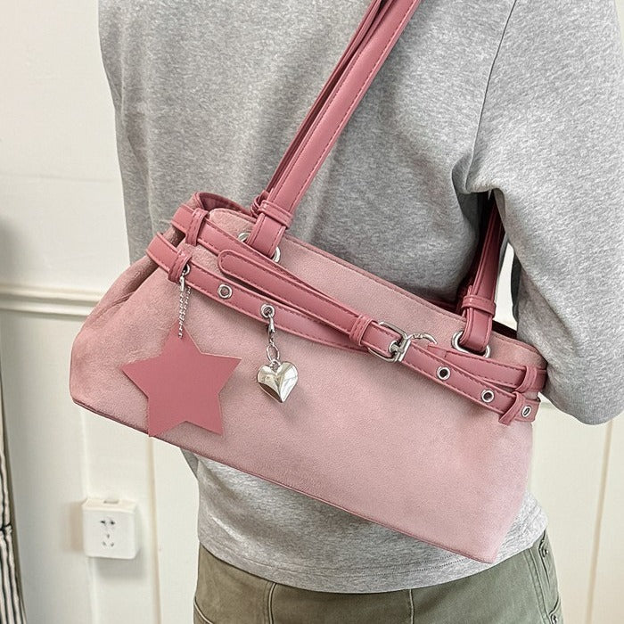 VILZSTUDIOS faux suede shoulder bag with heart charm