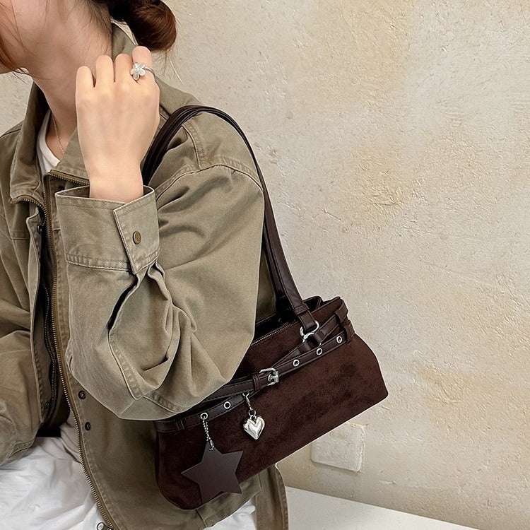 VILZSTUDIOS faux suede shoulder bag with heart charm