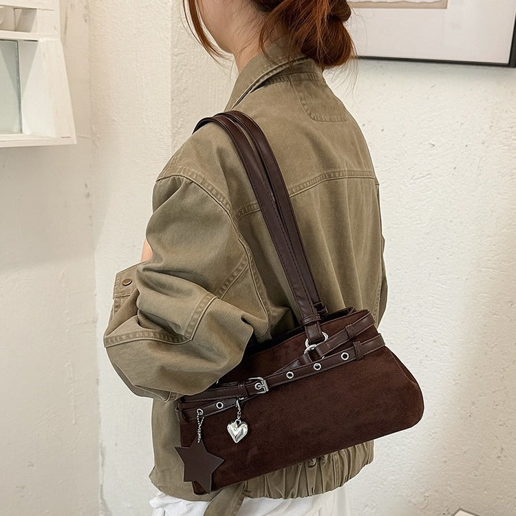 VILZSTUDIOS faux suede shoulder bag with heart charm