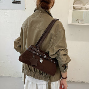 VILZSTUDIOS faux suede shoulder bag with heart charm