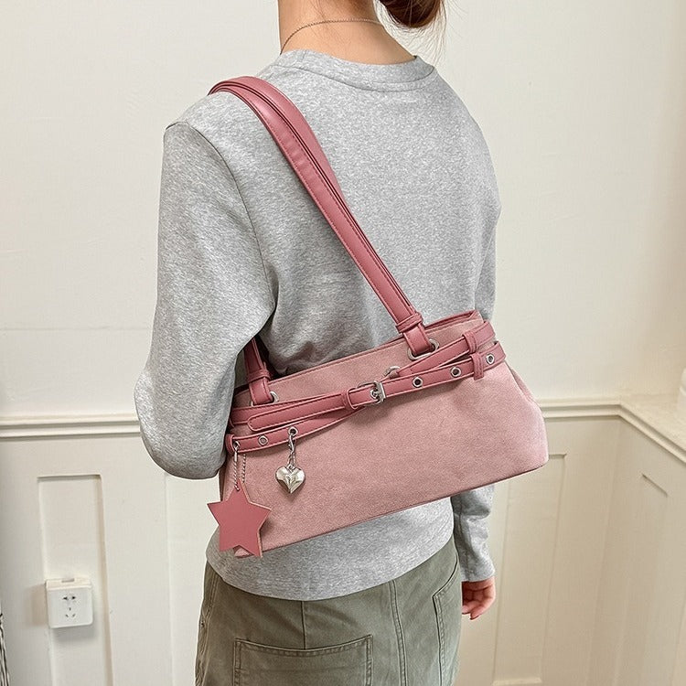 VILZSTUDIOS faux suede shoulder bag with heart charm