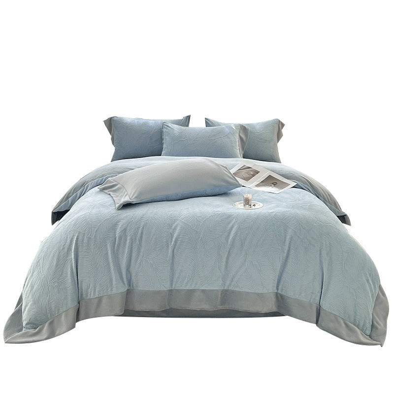 VILZSTUDIOS ice blue fleece bedding set with embossed feather leaf texture and wide ruffled borders