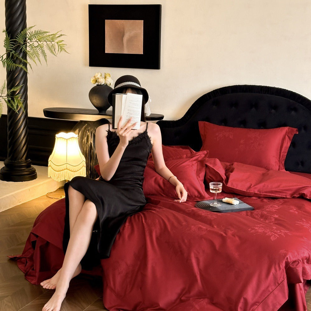 VILZSTUDIOS crimson red, champagne gold and blush pink rose damask bedding set with flanged borders