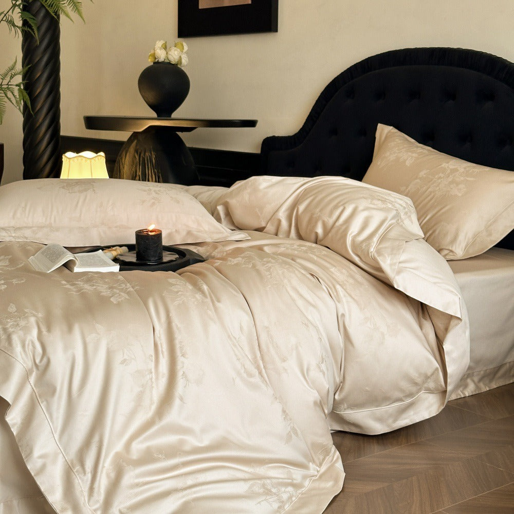 VILZSTUDIOS crimson red, champagne gold and blush pink rose damask bedding set with flanged borders