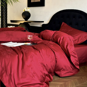 VILZSTUDIOS crimson red, champagne gold and blush pink rose damask bedding set with flanged borders