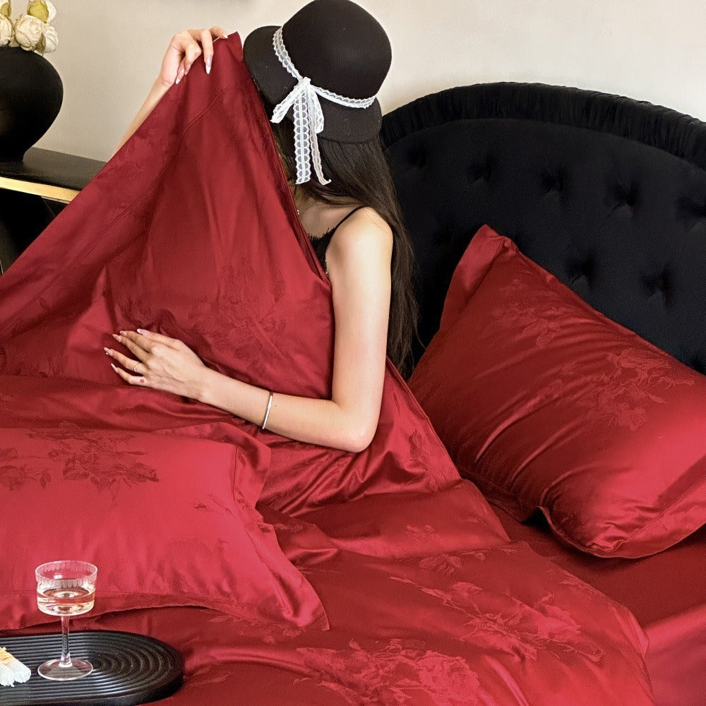 VILZSTUDIOS crimson red, champagne gold and blush pink rose damask bedding set with flanged borders