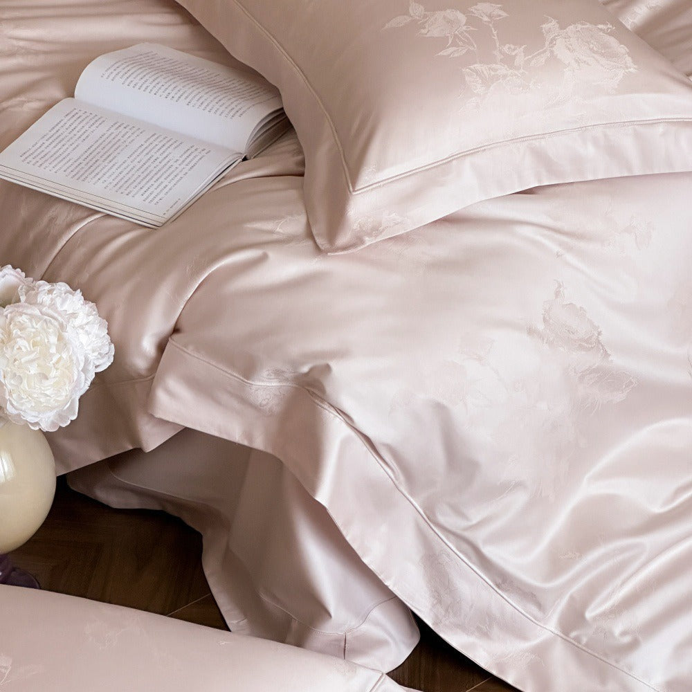 VILZSTUDIOS crimson red, champagne gold and blush pink rose damask bedding set with flanged borders