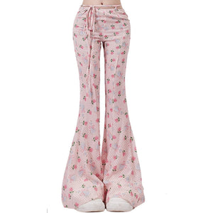VILZSTUDIOS Flared pants with coquette print and lace-up waist