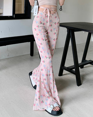 VILZSTUDIOS Flared pants with coquette print and lace-up waist