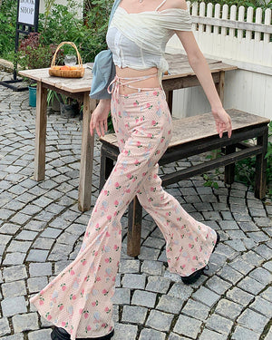 VILZSTUDIOS Flared pants with coquette print and lace-up waist
