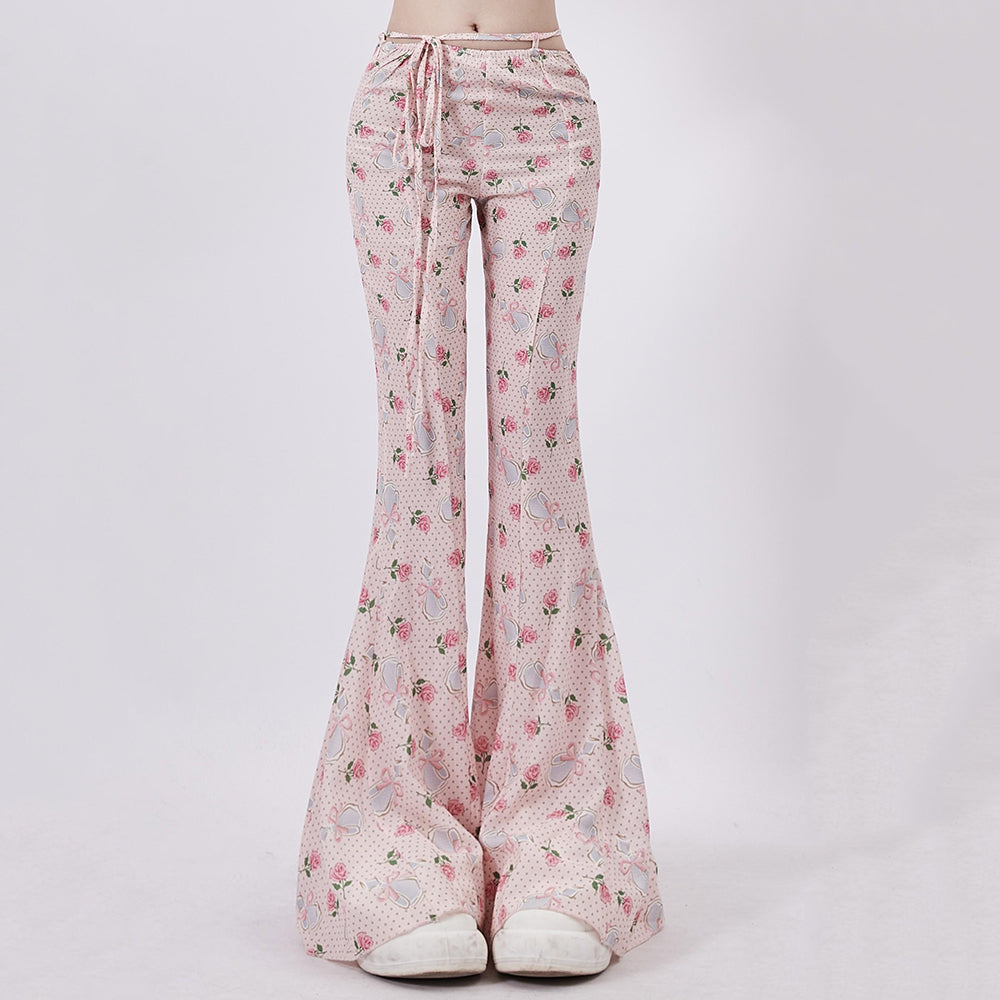 VILZSTUDIOS Flared pants with coquette print and lace-up waist