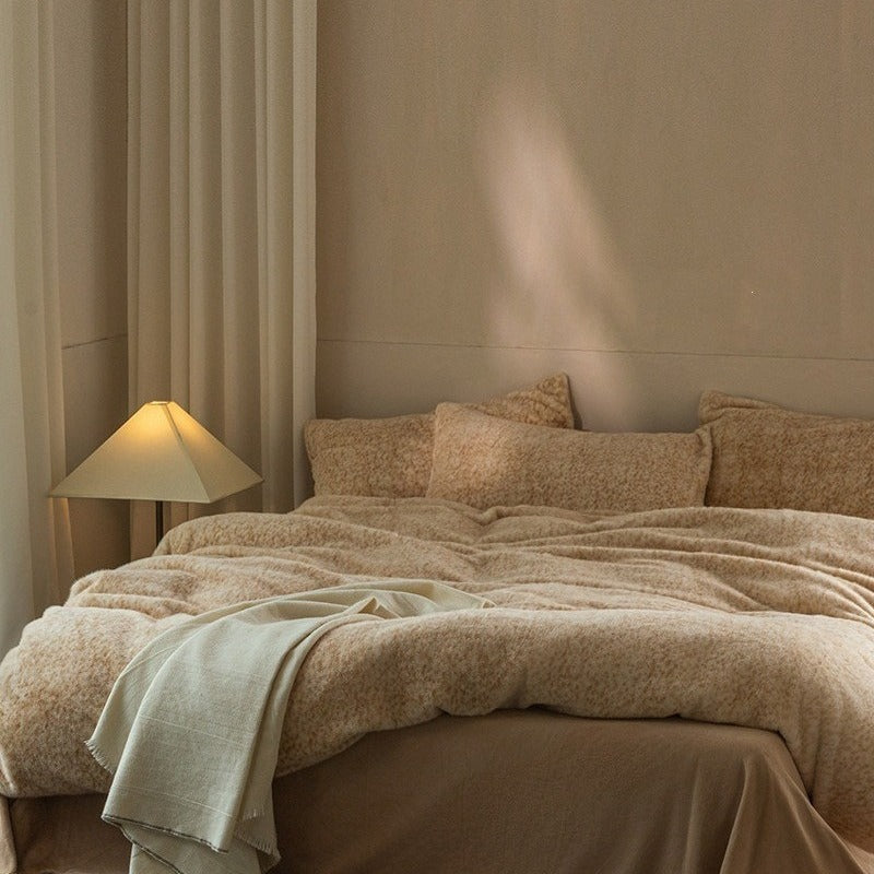 VILZSTUDIOS earthy neutral flecked fleece bedding set with fluffy texture and matching pillowcases
