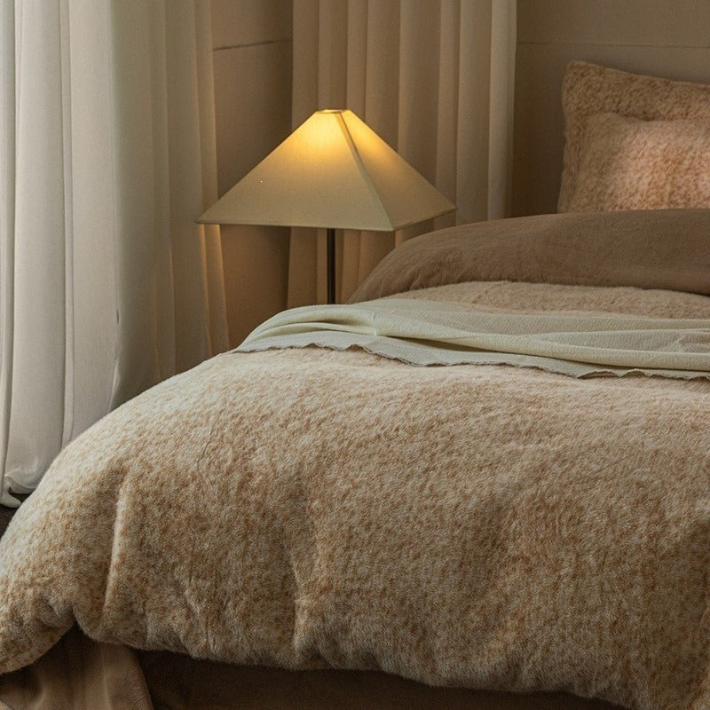 VILZSTUDIOS earthy neutral flecked fleece bedding set with fluffy texture and matching pillowcases