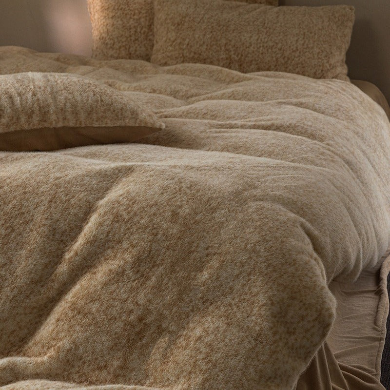 VILZSTUDIOS earthy neutral flecked fleece bedding set with fluffy texture and matching pillowcases