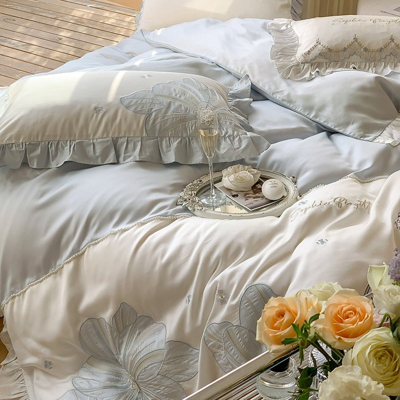 VILZSTUDIOS pastel blue or blush pink and cream floral appliqué bedding set with ruffled borders