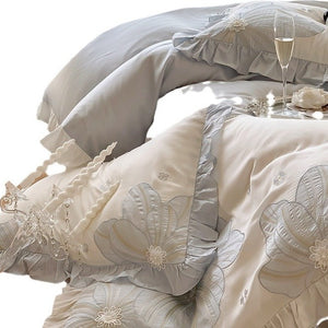 VILZSTUDIOS pastel blue or blush pink and cream floral appliqué bedding set with ruffled borders