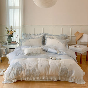 VILZSTUDIOS pastel blue or blush pink and cream floral appliqué bedding set with ruffled borders