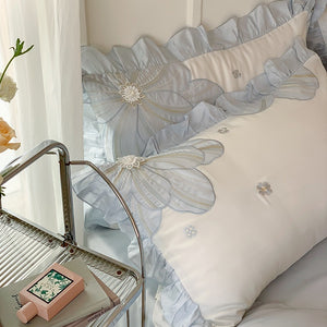 VILZSTUDIOS pastel blue or blush pink and cream floral appliqué bedding set with ruffled borders