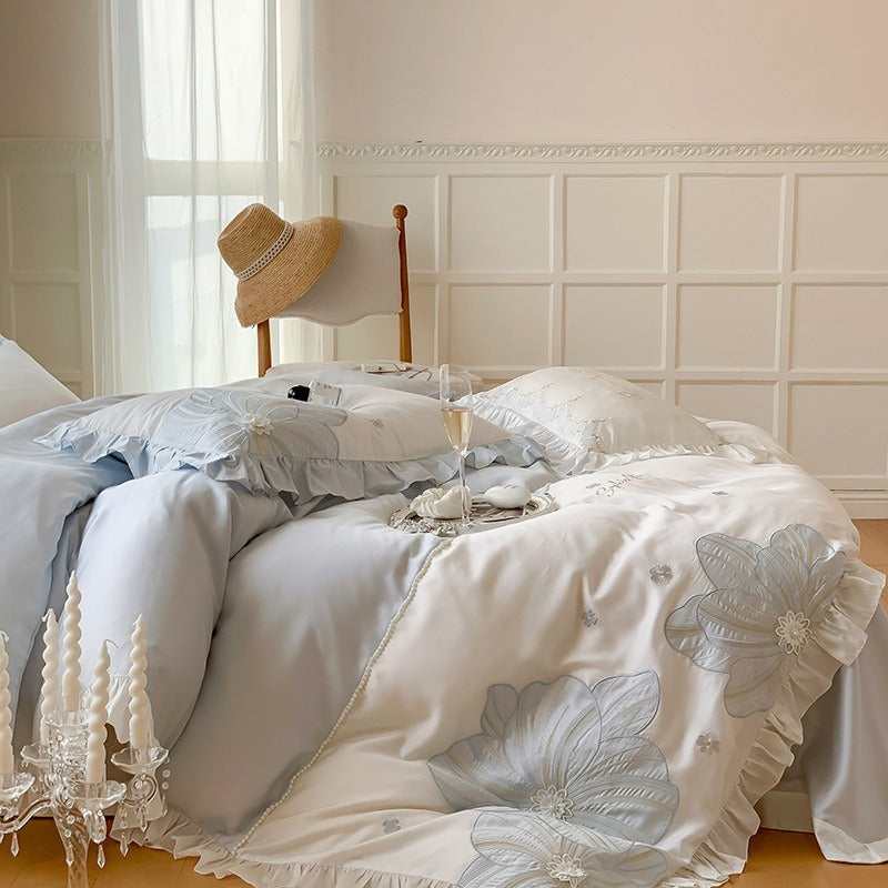 VILZSTUDIOS pastel blue or blush pink and cream floral appliqué bedding set with ruffled borders