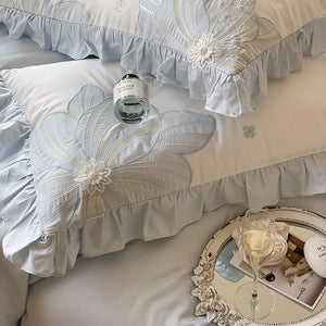 VILZSTUDIOS pastel blue or blush pink and cream floral appliqué bedding set with ruffled borders
