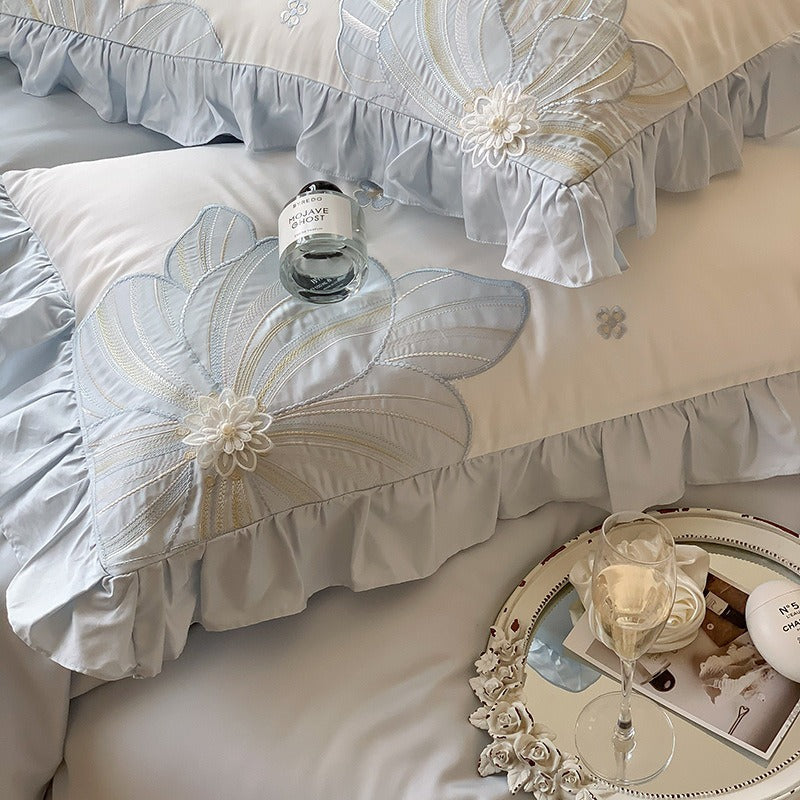 VILZSTUDIOS pastel blue or blush pink and cream floral appliqué bedding set with ruffled borders
