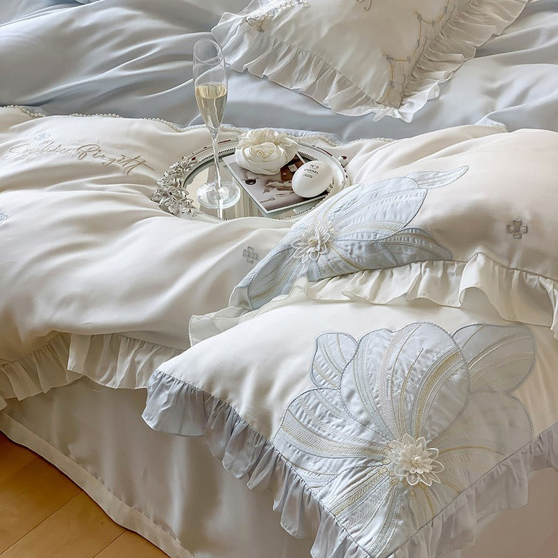 VILZSTUDIOS pastel blue or blush pink and cream floral appliqué bedding set with ruffled borders