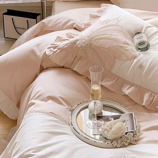 VILZSTUDIOS pastel blue or blush pink and cream floral appliqué bedding set with ruffled borders