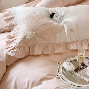 VILZSTUDIOS pastel blue or blush pink and cream floral appliqué bedding set with ruffled borders