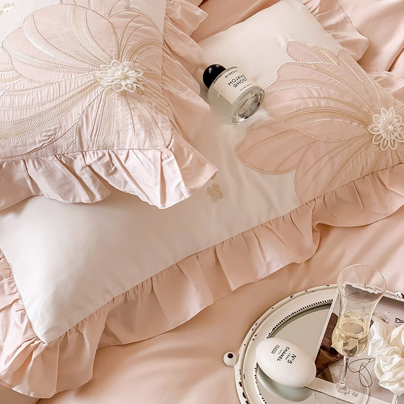 VILZSTUDIOS pastel blue or blush pink and cream floral appliqué bedding set with ruffled borders