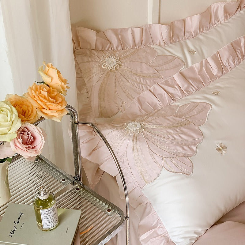 VILZSTUDIOS pastel blue or blush pink and cream floral appliqué bedding set with ruffled borders
