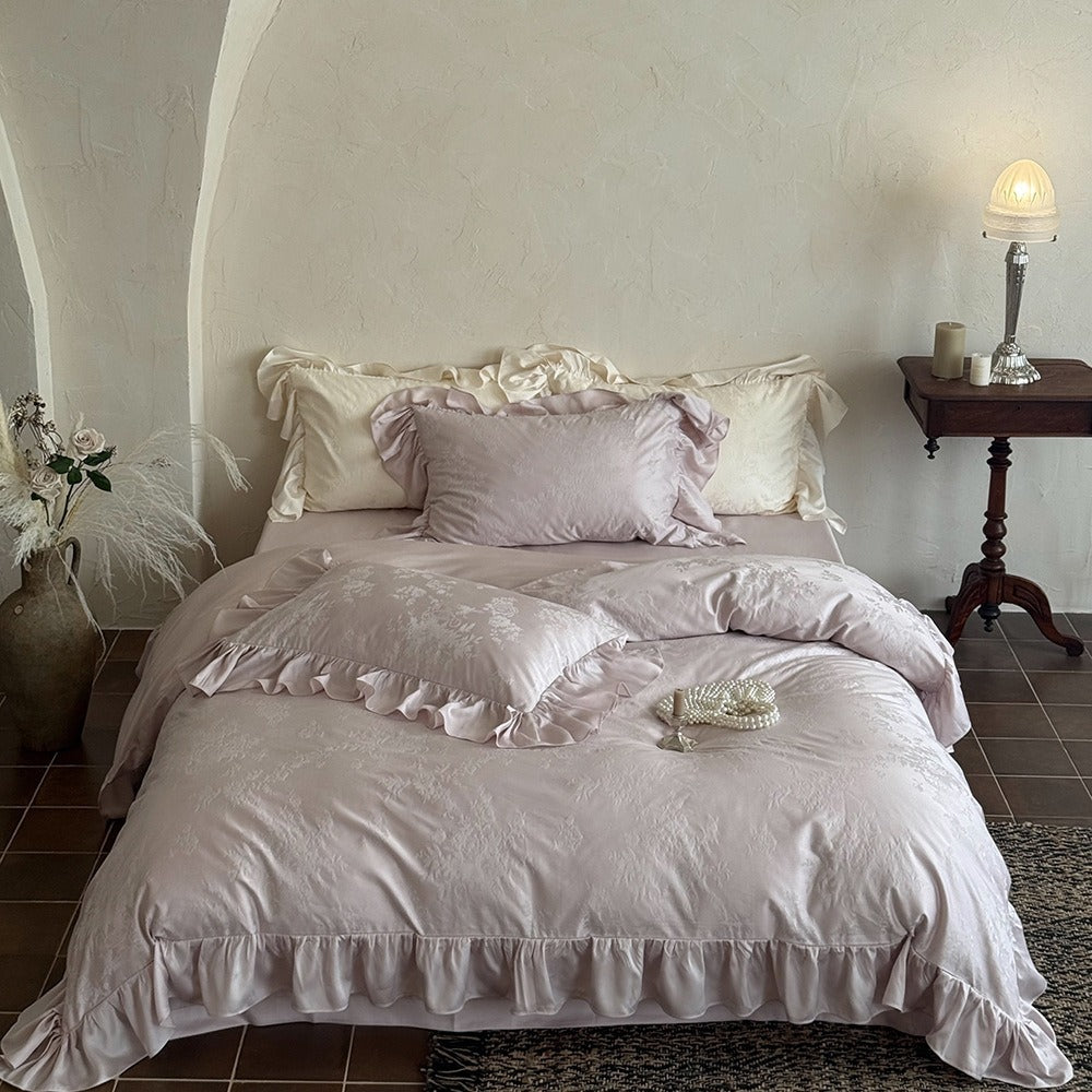 VILZSTUDIOS green, pink or white floral damask duvet cover set with gathered ruffle borders