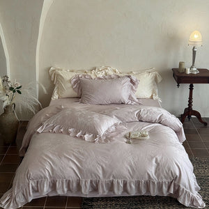 VILZSTUDIOS green, pink or white floral damask duvet cover set with gathered ruffle borders
