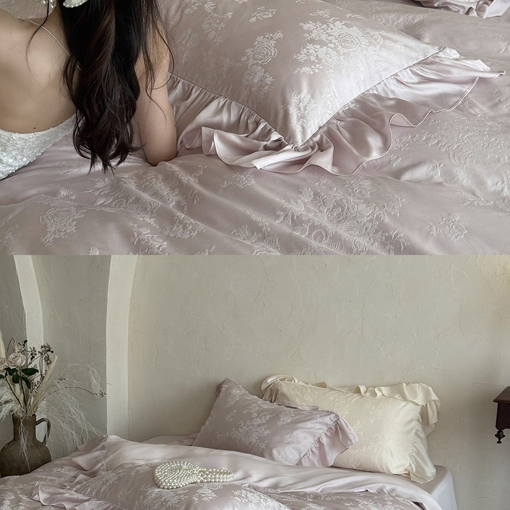 VILZSTUDIOS green, pink or white floral damask duvet cover set with gathered ruffle borders