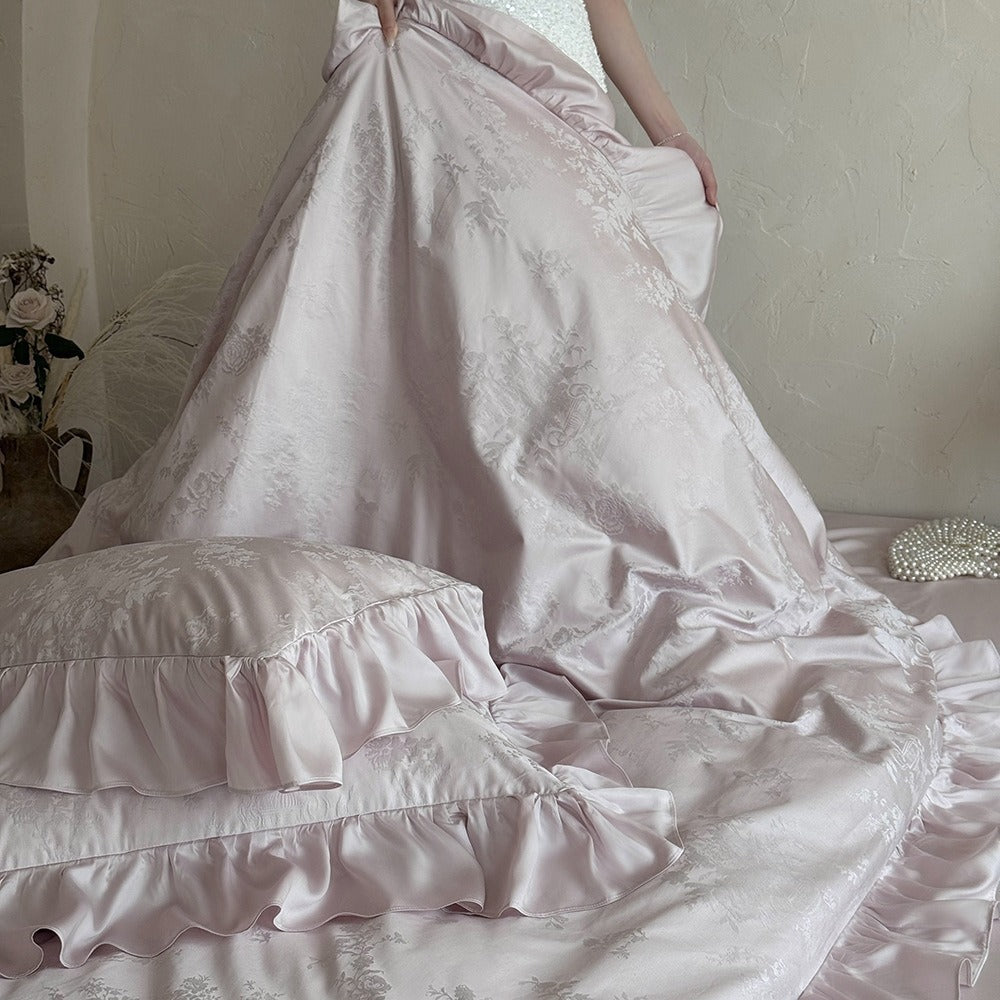 VILZSTUDIOS green, pink or white floral damask duvet cover set with gathered ruffle borders