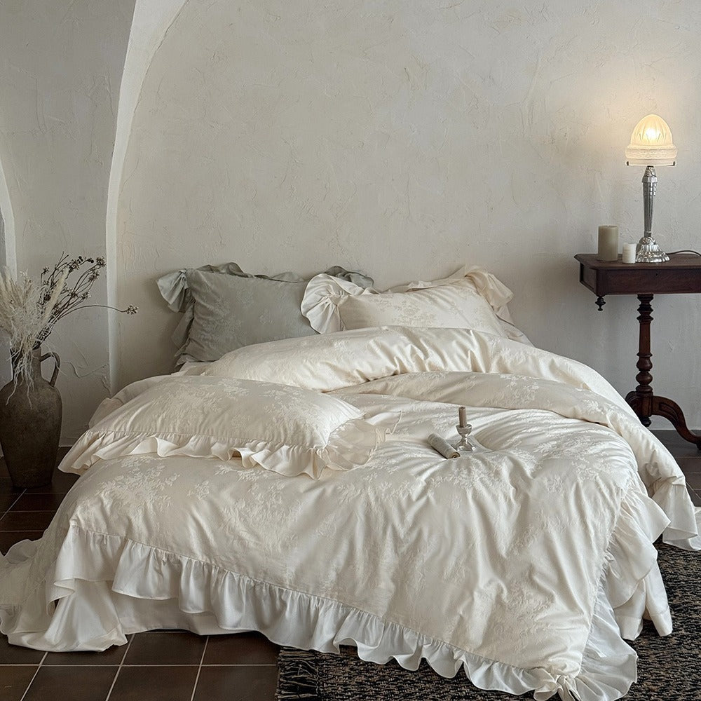 VILZSTUDIOS green, pink or white floral damask duvet cover set with gathered ruffle borders