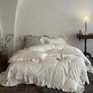 VILZSTUDIOS green, pink or white floral damask duvet cover set with gathered ruffle borders