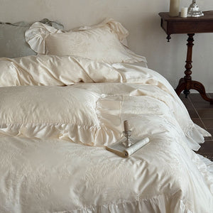 VILZSTUDIOS green, pink or white floral damask duvet cover set with gathered ruffle borders