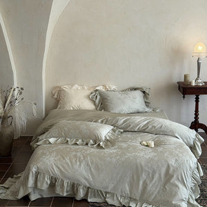 VILZSTUDIOS green, pink or white floral damask duvet cover set with gathered ruffle borders