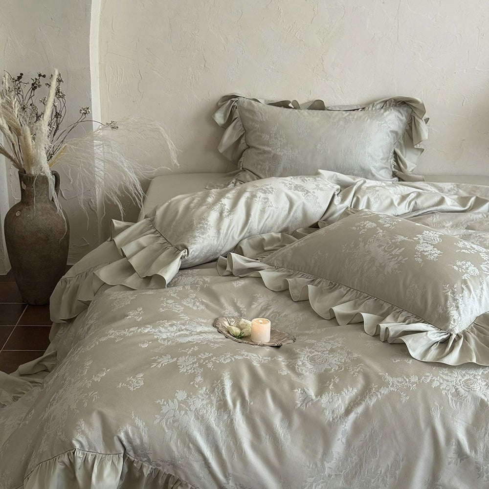 VILZSTUDIOS green, pink or white floral damask duvet cover set with gathered ruffle borders