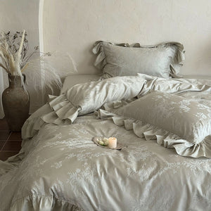 VILZSTUDIOS green, pink or white floral damask duvet cover set with gathered ruffle borders