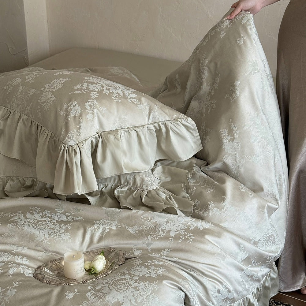 VILZSTUDIOS green, pink or white floral damask duvet cover set with gathered ruffle borders