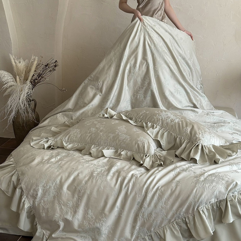 VILZSTUDIOS green, pink or white floral damask duvet cover set with gathered ruffle borders