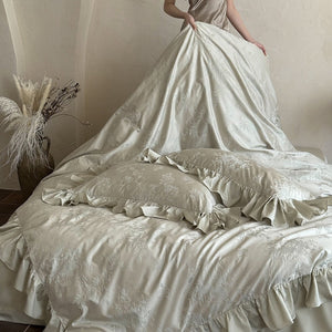 VILZSTUDIOS green, pink or white floral damask duvet cover set with gathered ruffle borders