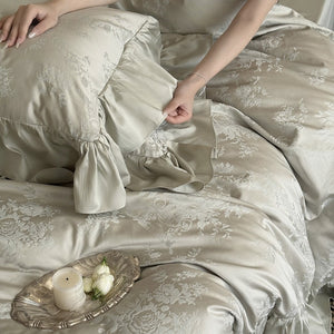 VILZSTUDIOS green, pink or white floral damask duvet cover set with gathered ruffle borders