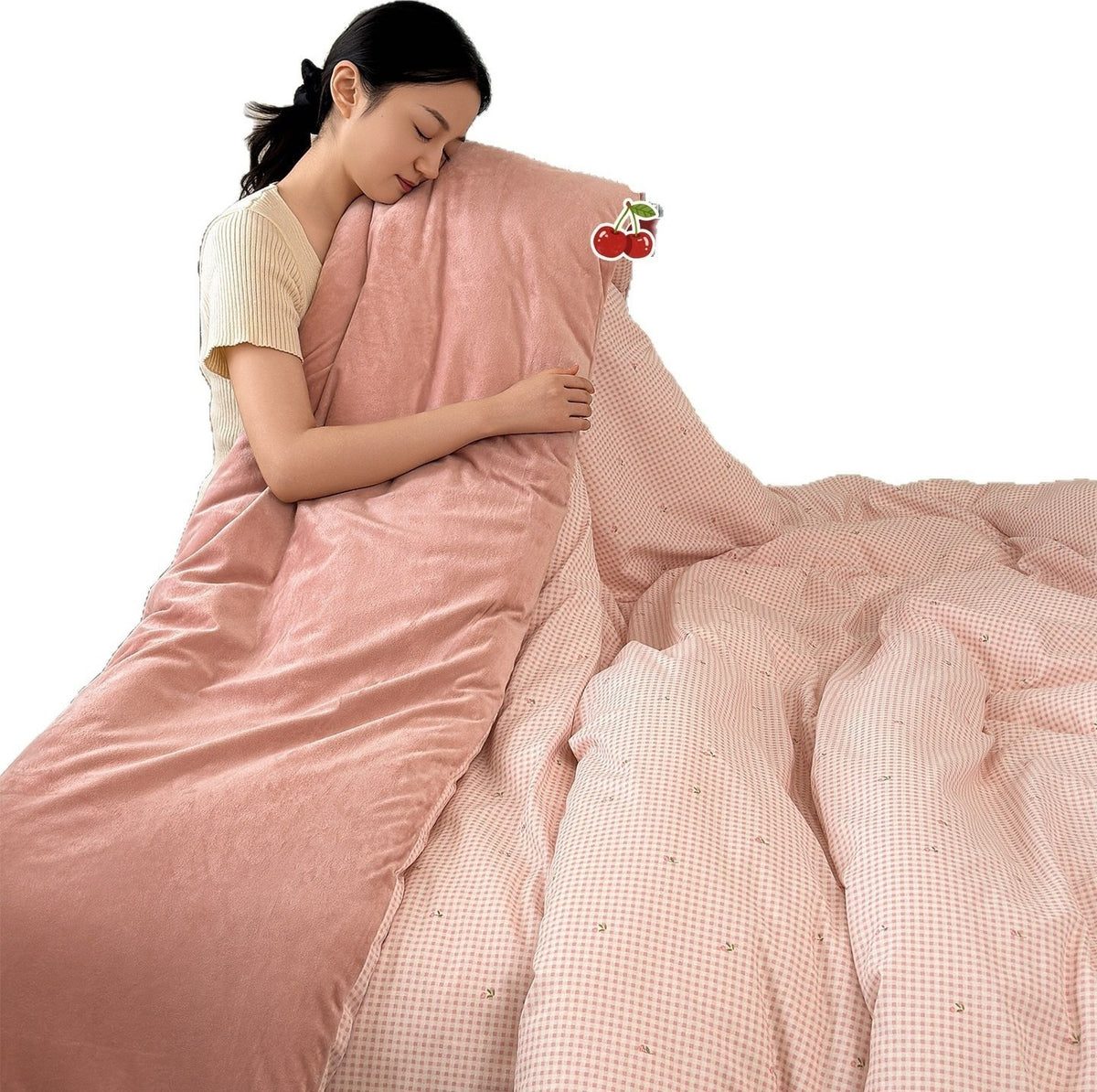 VILZSTUDIOS Pastel gingham floral duvet insert with white scalloped lace and a solid plush reverse