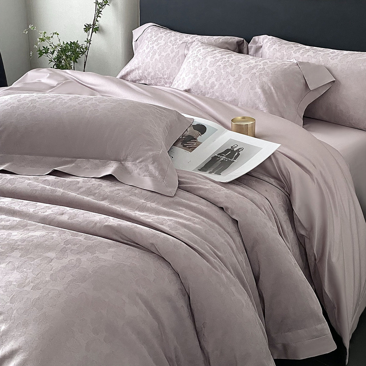VILZSTUDIOS pastel and neutral floral jacquard satin duvet cover set with wide-flange pillowcases