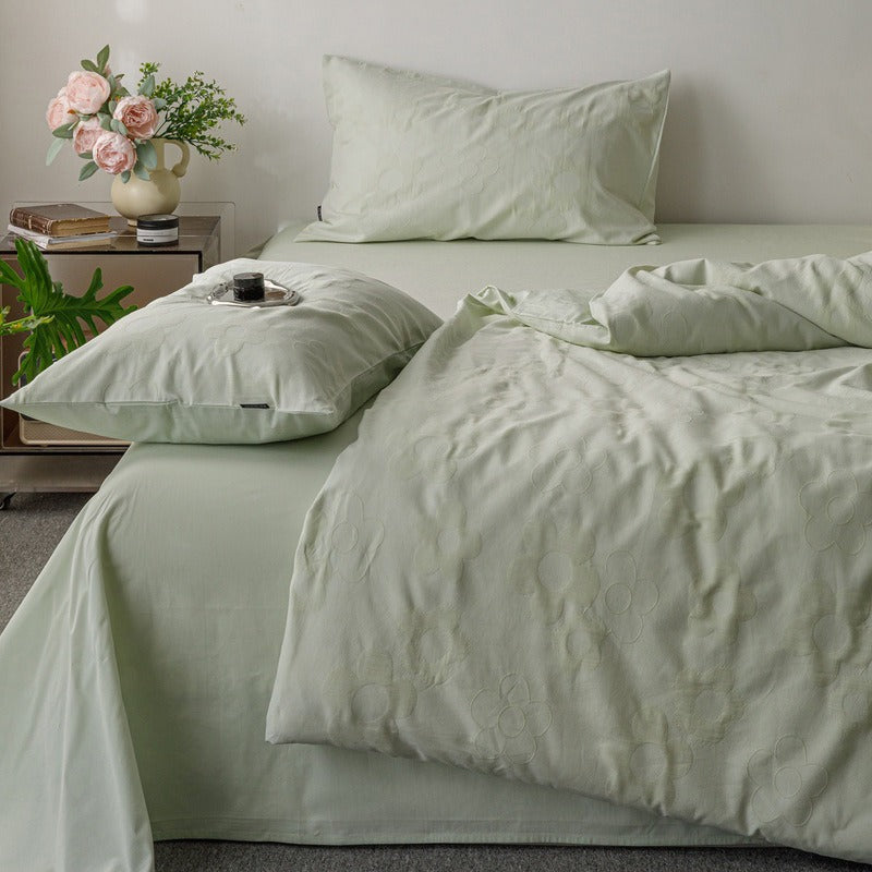 VILZSTUDIOS blush pink, pale sage green and tan beige jacquard textured duvet cover set