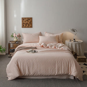 VILZSTUDIOS blush pink, pale sage green and tan beige jacquard textured duvet cover set