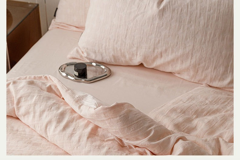 VILZSTUDIOS blush pink, pale sage green and tan beige jacquard textured duvet cover set